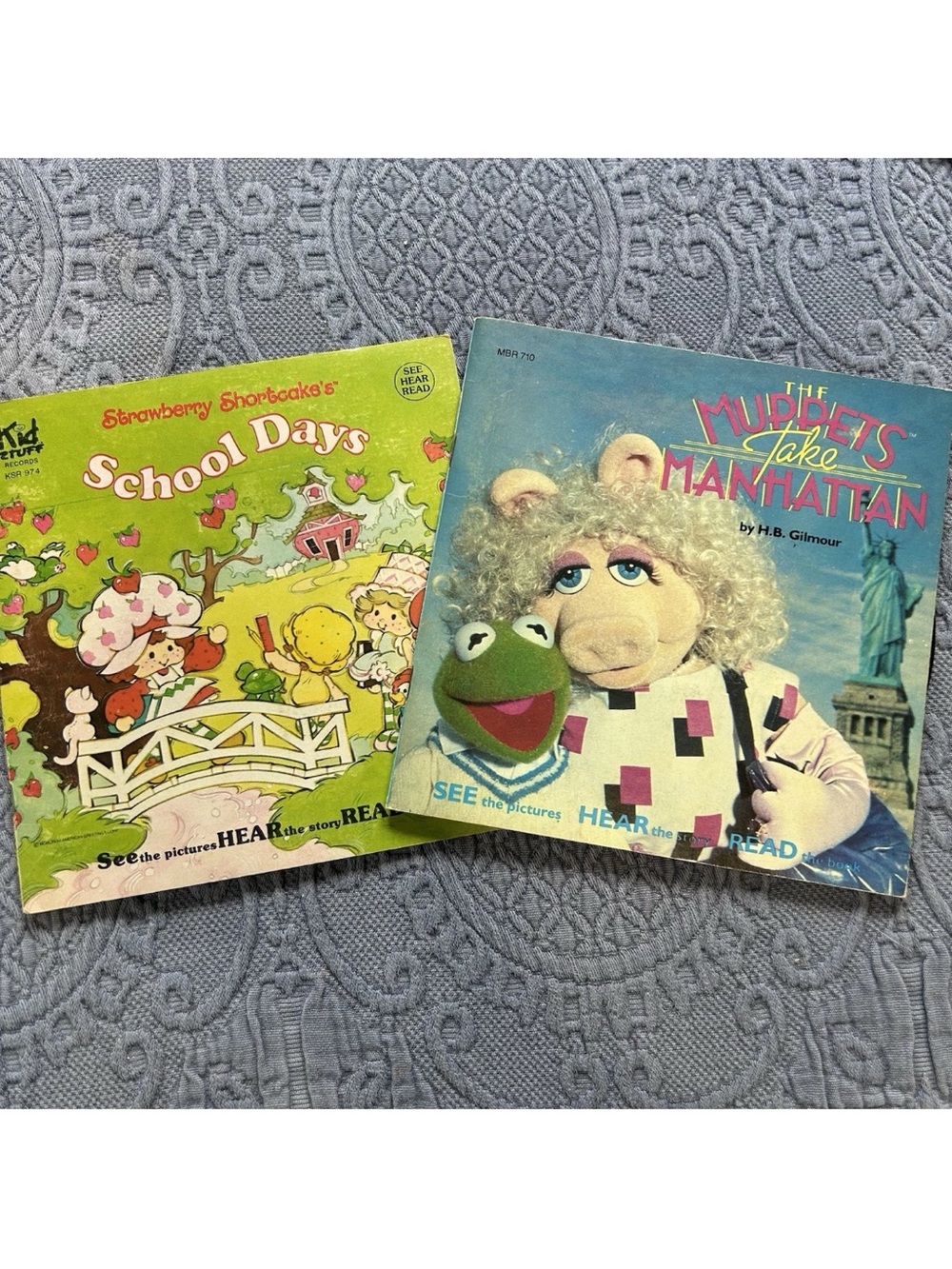 Lot of 2 Vintage Children’s Books, 2 Read Along Records 45’s Muppets/ Strawberry